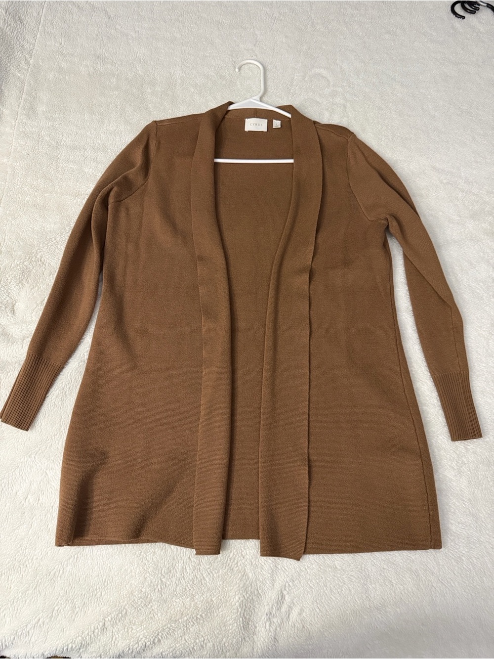 Cyrus Open-Front Long Cardigan in Camel Brown
